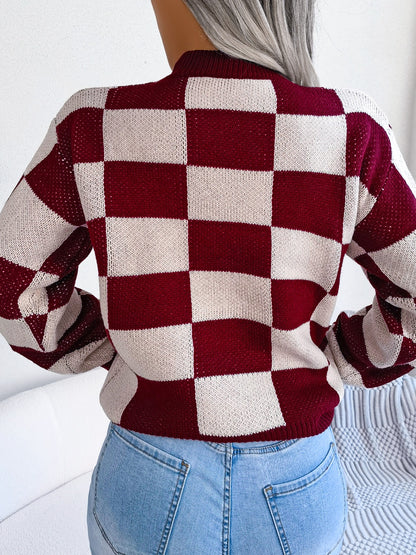 Checkered Mock Neck Sweater