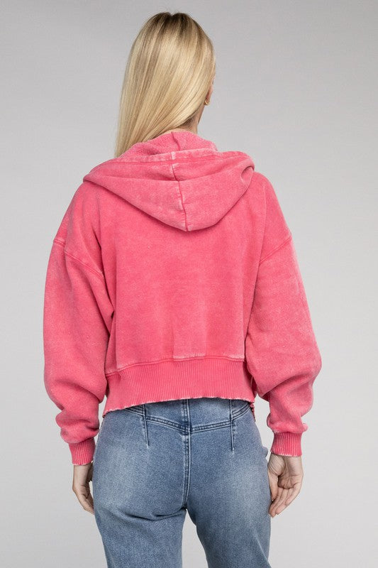 Zenana Acid Wash Cropped Zip-Up Hoodie