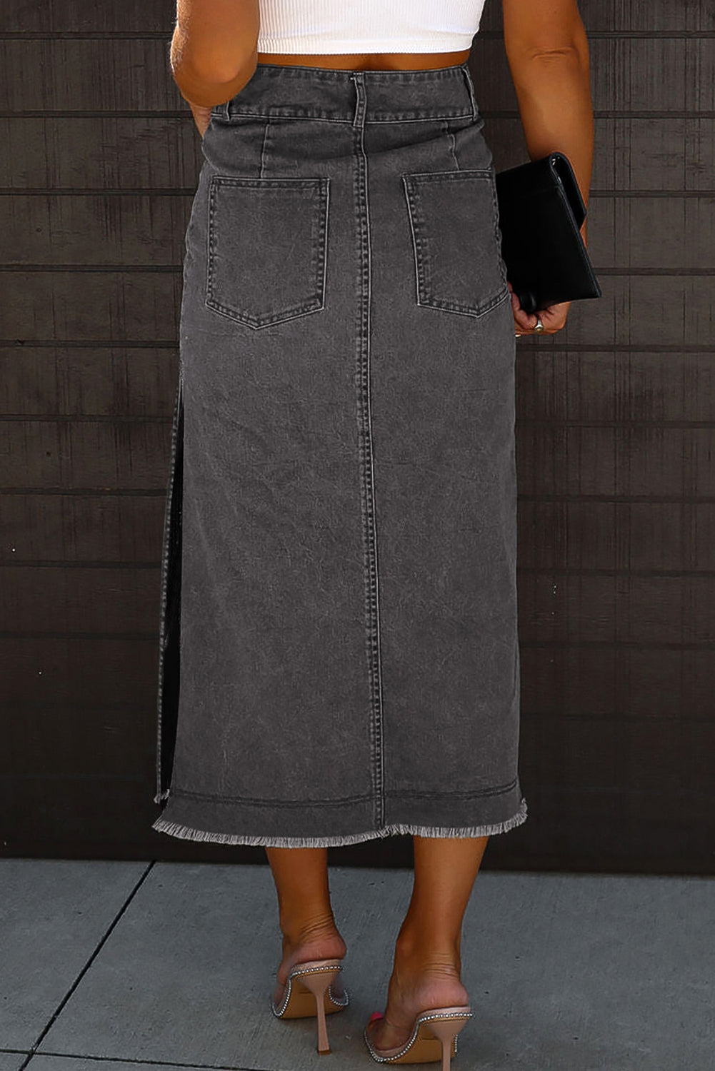 Raw Hem Slit Midi Denim Skirt