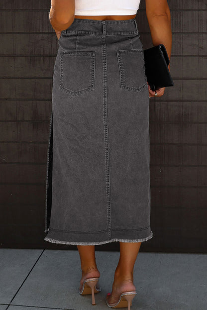 Raw Hem Slit Midi Denim Skirt