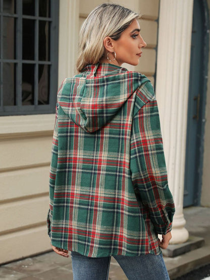 Drawstring Plaid Hooded Top