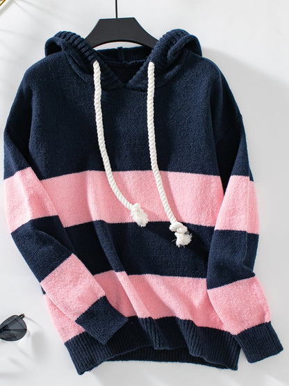 Drawstring Contrast Stripe Hooded Sweater