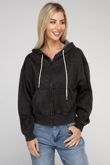 Zenana Acid Wash Cropped Zip-Up Hoodie