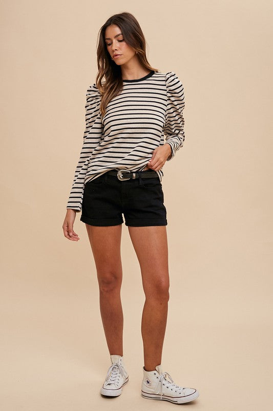 Annie Wear Striped Puff Sleeve French Terry Top