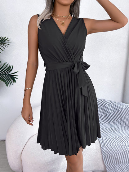 Tied Sleeveless Pleated Dress