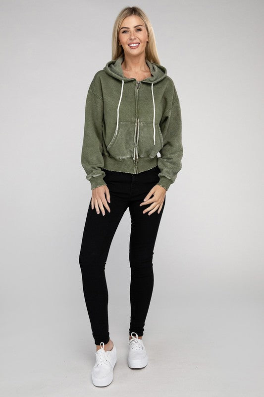 Zenana Acid Wash Cropped Zip-Up Hoodie