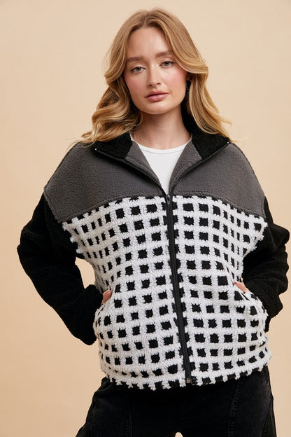 Annie Wear Plaid Zip Up Sherpa Jacket