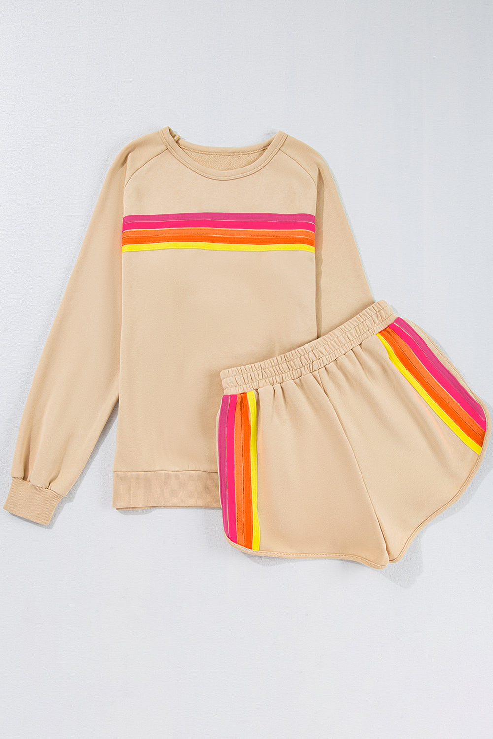 Apricot Colorful Striped Pullover and Shorts Set