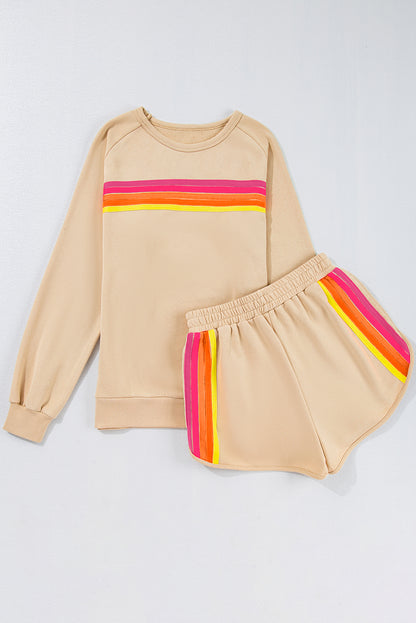 Apricot Colorful Striped Pullover and Shorts Set