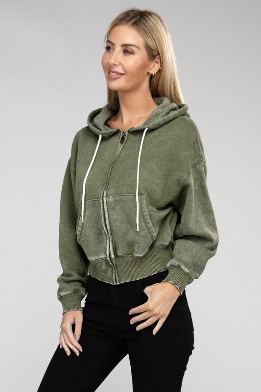 Zenana Acid Wash Cropped Zip-Up Hoodie