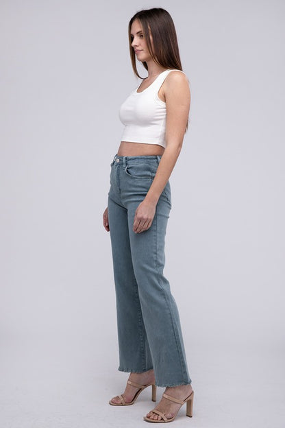 Amie Acid Washed Frayed Hem Straight Wide Pants