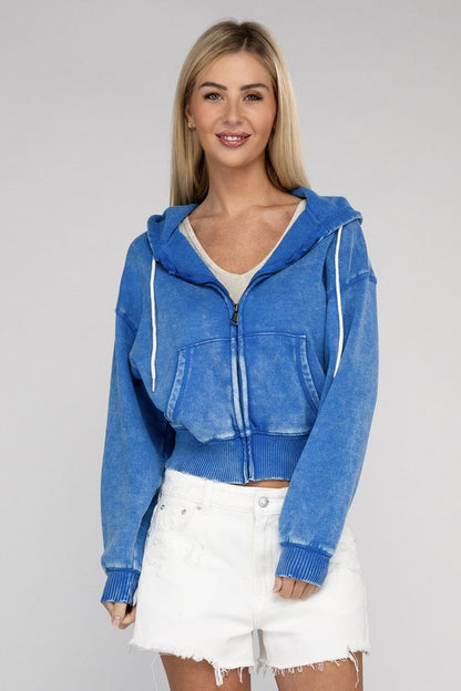 Zenana Acid Wash Cropped Zip-Up Hoodie