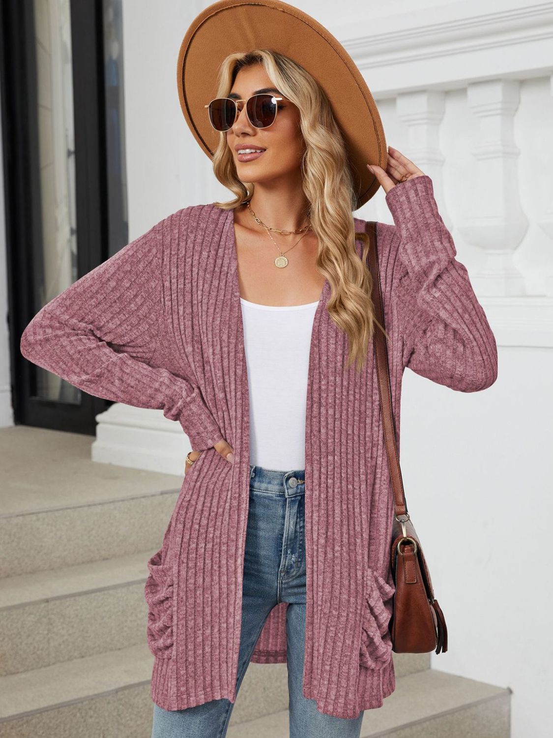 Pocketed Open Front Cardigan