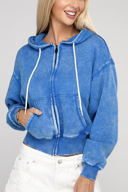 Zenana Acid Wash Cropped Zip-Up Hoodie