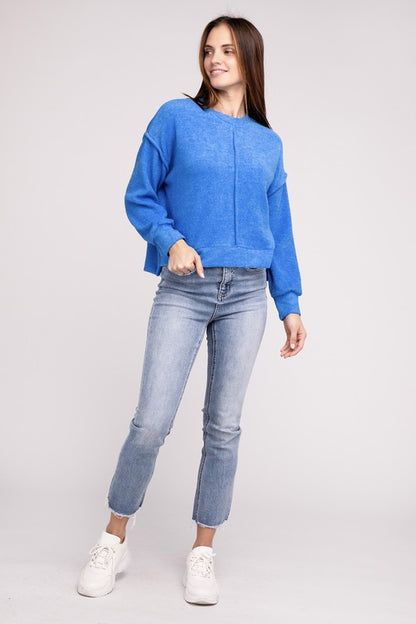 Zenana Brushed Melange Hacci Hi-Low Hem Sweater