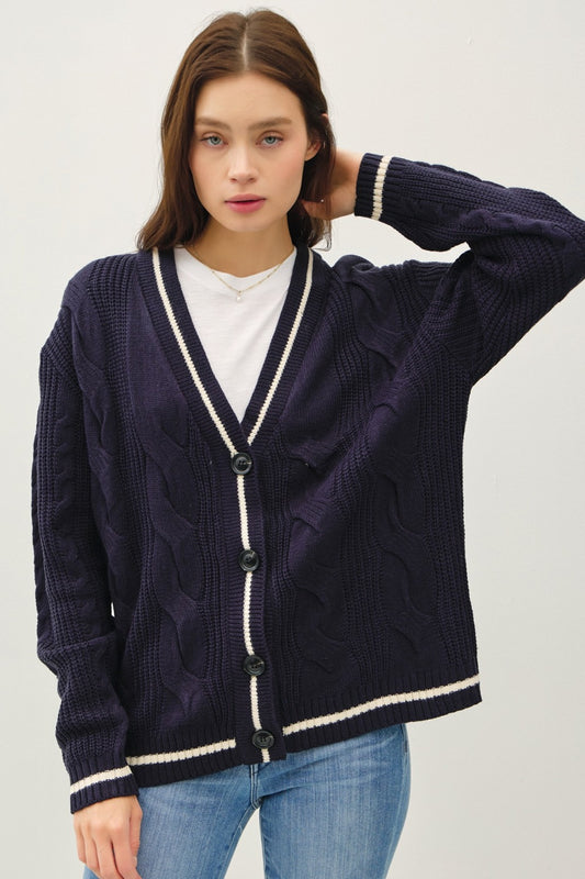 Be Cool Contrast Trim Cable-Knit Cardigan