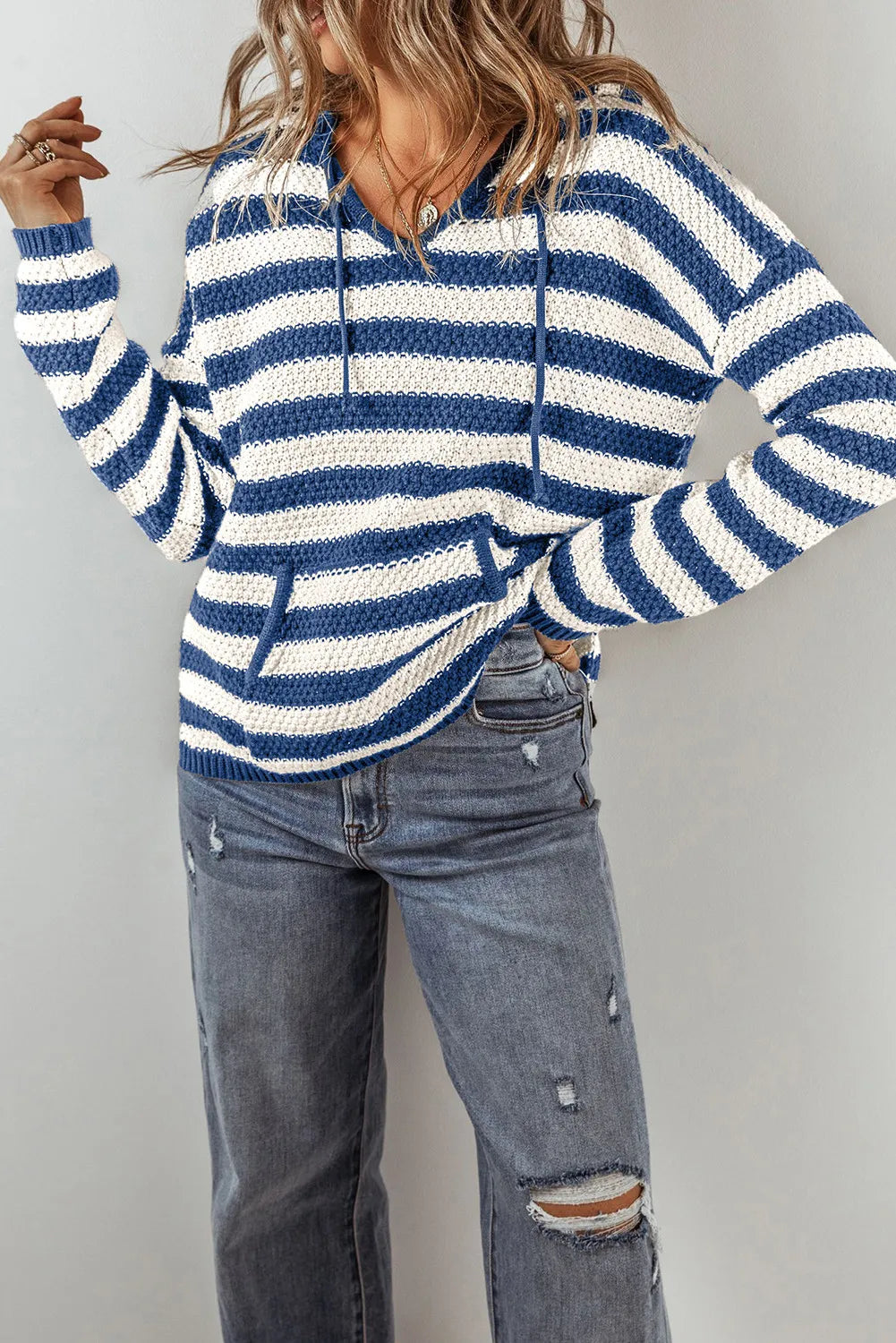 Drawstring Striped Hooded Sweater