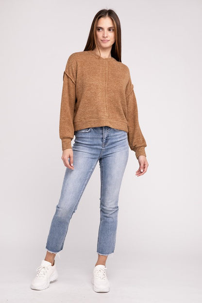 Zenana Brushed Melange Hacci Hi-Low Hem Sweater