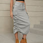 Drawstring Ruched Slit Denim Midi Skirt