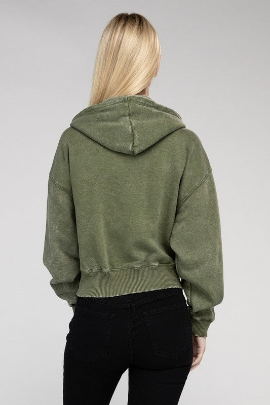 Zenana Acid Wash Cropped Zip-Up Hoodie