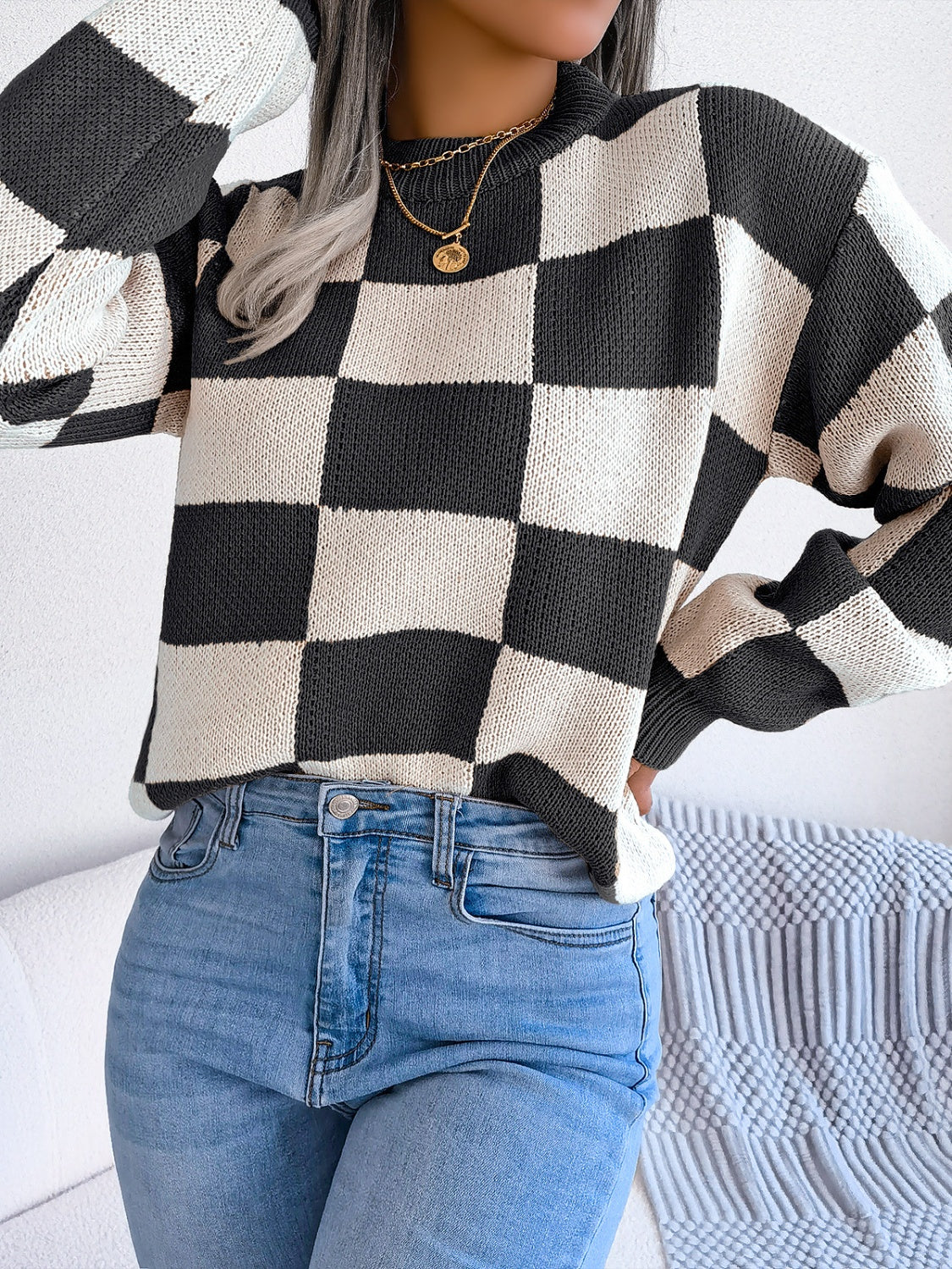 Checkered Mock Neck Sweater