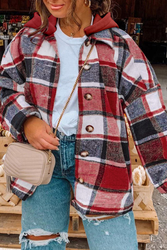 Curvy Plaid Button Up Hooded Jacket